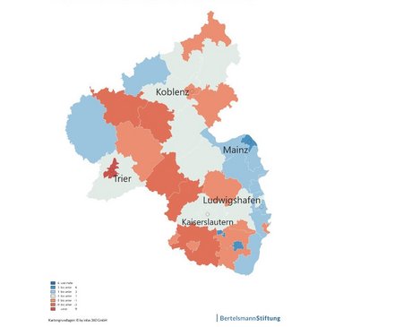 Landkarte Rheinland-Pfalz mit unterschiedlich eingefärbten Bezirken